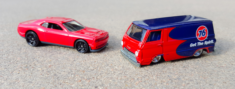 Two of the Dodge Brothers contributions to the automotive world, the Challenger Hellcat and 1966 Dodge A100 Delivery Van. Photo credit MustangFan
